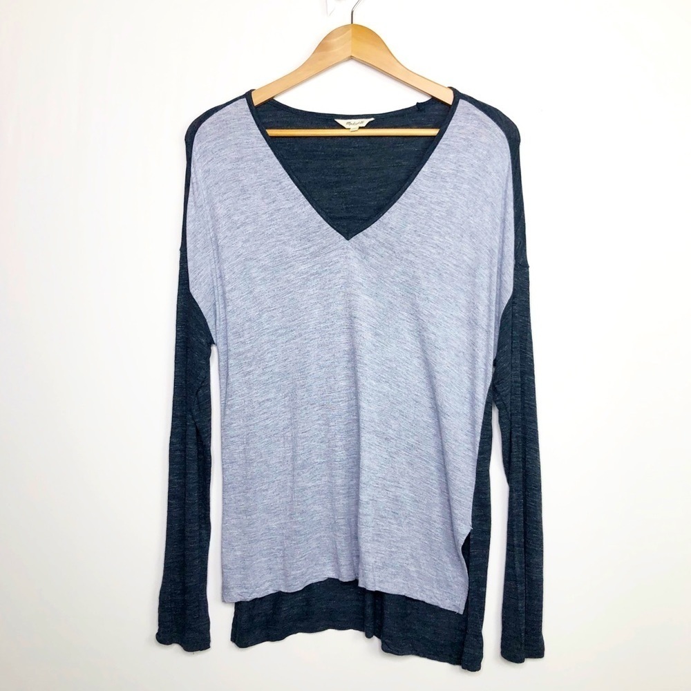 MADEWELL. Navy blue color block, V-neck long sleeve T-shirt.